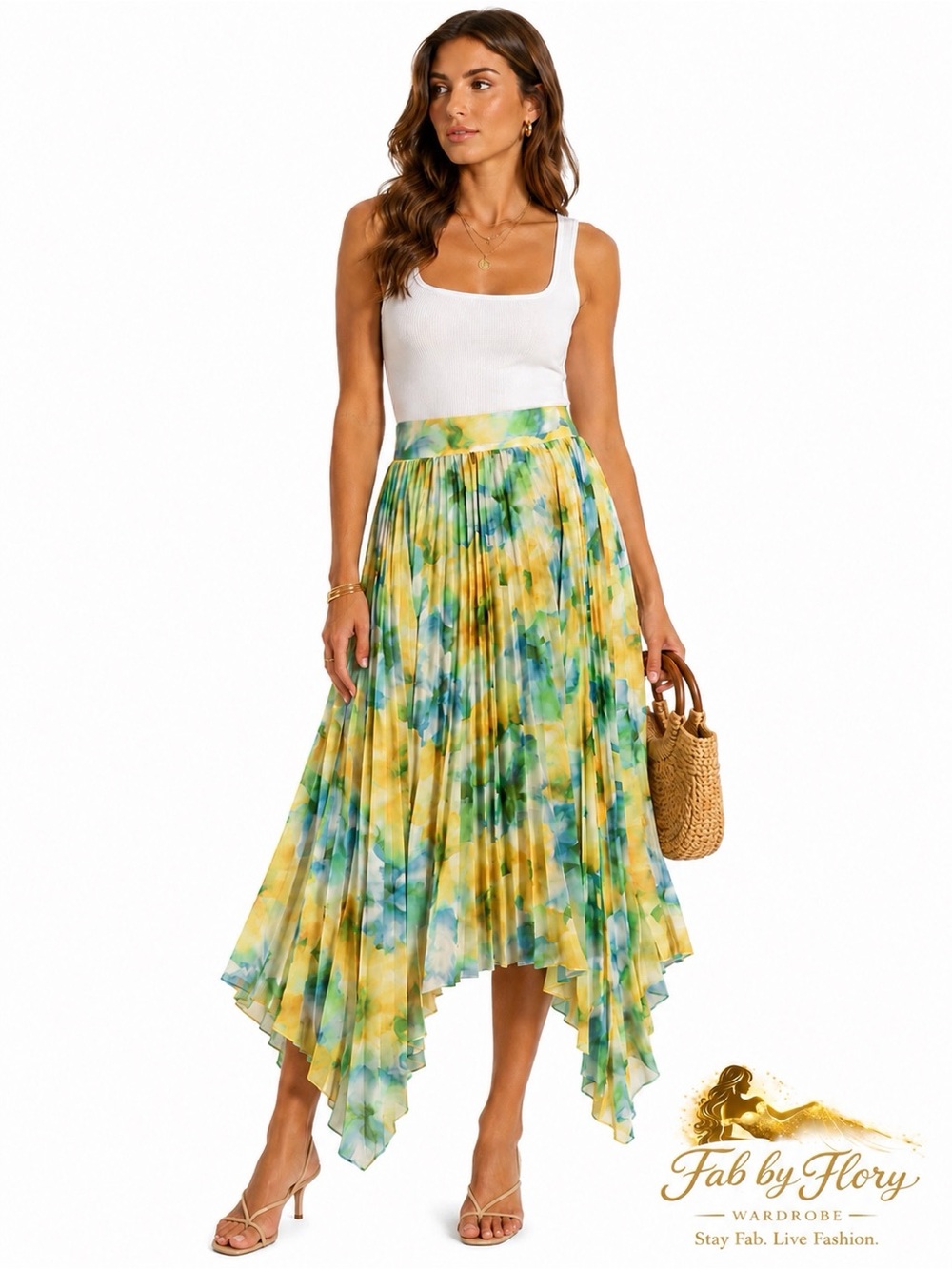 MISA Los Angeles Citron Watercolor Pleated Asymmetrical Midi Skirt L